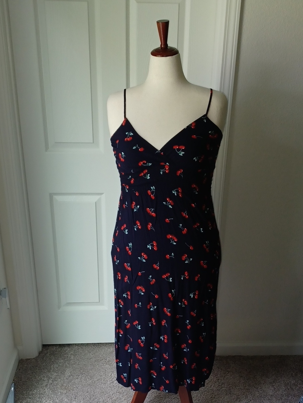 Navy Cherry Print Spaghetti-Strap Slip Dress